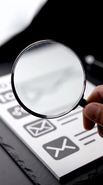 Close Up Of Hand Holding Magnifying Glass Over Document With Email Icons In Dark Studio Lighting