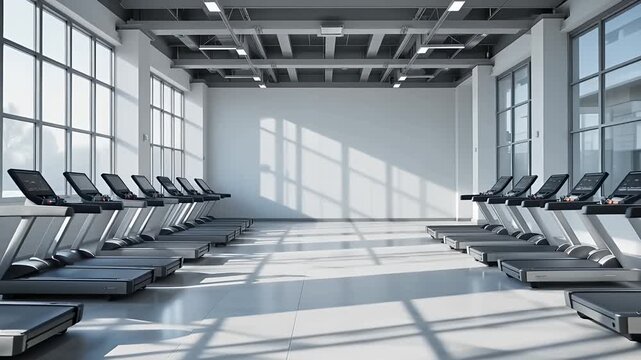 treadmills lined gym interior bright morning light large windows modern facility