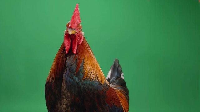 Rooster crowing on green screen vibrant poultry bird