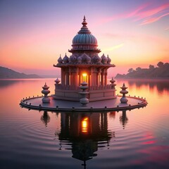 Obraz premium Reflecting serenity on Hussain Sagar Lakes calm waters at dusk