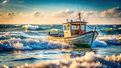 Naklejka premium A photo of a weathered fishing boat on the open sea with whitecaps