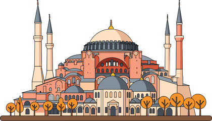 Hagia Sophia Grand Mosque in Istanbul Turkey vector illustration with minarets and domes in flat design style isolated on white background for travel. © MdEmdadul