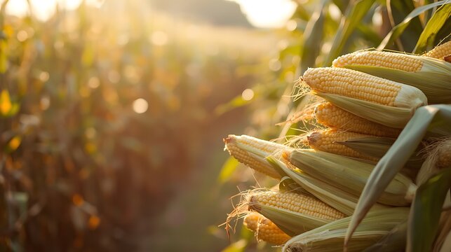 Generative AI: Harvested corn in golden rural field under sunset sky providing abundant crop yield.