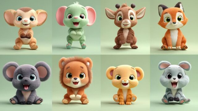Cute 3D Cartoon Animal Characters Collection: Monkey, Elephant, Giraffe, Fox, Mouse, Lion, Bear, Bunny