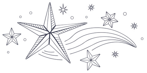 A whimsical illustration of stars and a shooting star in a dreamy night sky © Mamun