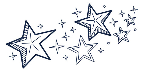 Obraz premium A whimsical illustration of stars in various sizes and styles scattered across a white background.