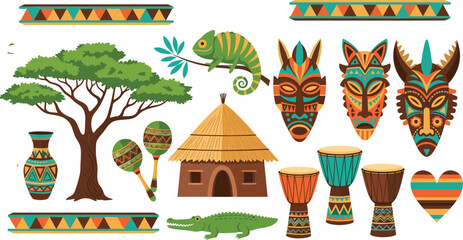 Flat vector illustration set of African tribal masks djembe drums safari animals acacia tree and traditional hut isolated on white background © MdEmdadul