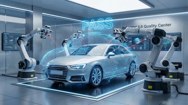 Advanced Industrial 4.0 Quality Control Center Scanning Silver Automobile with Laser Holograms