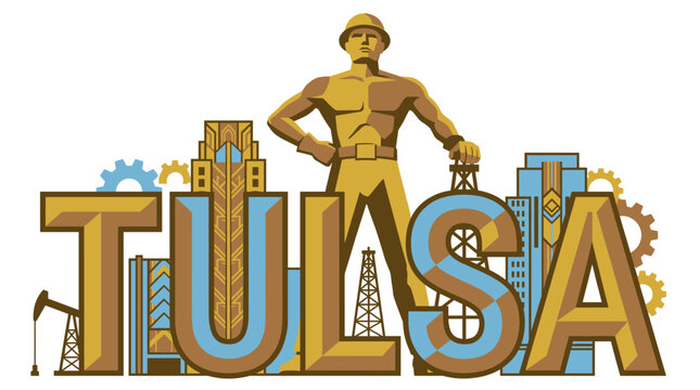 Tulsa Golden Driller landmark and city name vector illustration