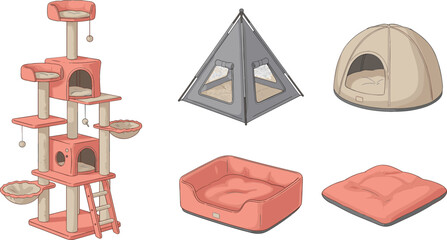 Collection of modern pet furniture featuring a multi-level cat tree, cozy pet teepee, igloo bed, cushioned lounge, and soft floor pillow vector set. © MdEmdadul