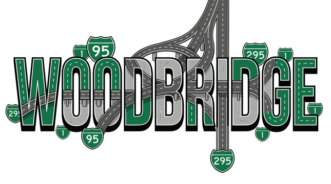Woodbridge typographic design featuring highway roads and signs illustration