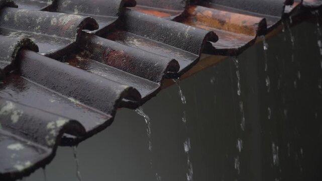 Rainwater dripping from traditional clay roof tiles during a steady rainfall. Detailed view of wet terracotta tiles with water streaming from the edges, creating a calm and atmospheric out