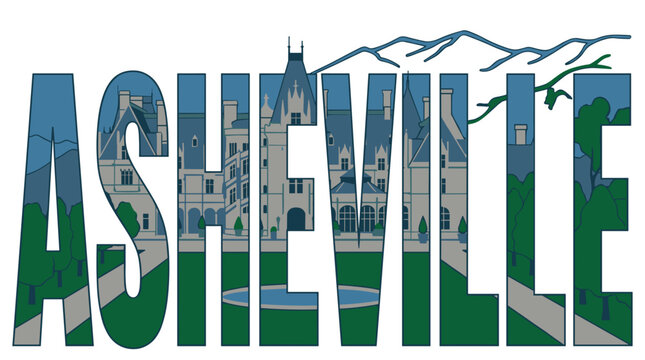 Asheville North Carolina travel typography and mansion vector illustration