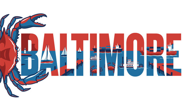 Baltimore Maryland harbor scene with blue crab vector illustration