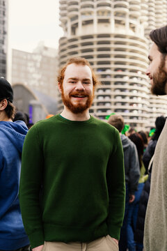 Two men in Chicago laugh during St Patrick's Celebration