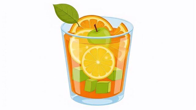 Cartoon drink with orange slices, green ice cubes, and a green apple and leaf