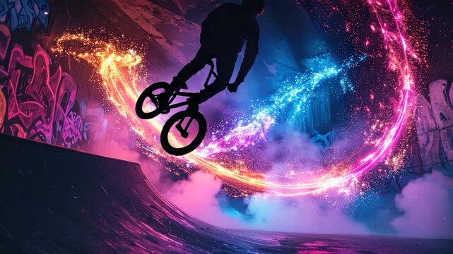 A silhouetted BMX rider performs a trick inside a graffiti-covered skate park