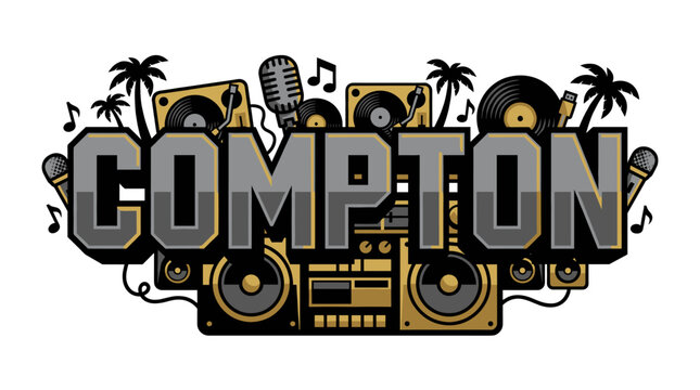 Compton music graphic with boombox and turntables vector illustration
