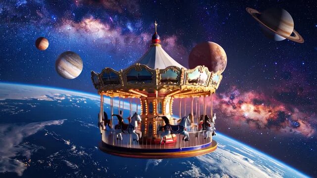 A whimsical carousel floats in space, surrounded by planets and a galaxy