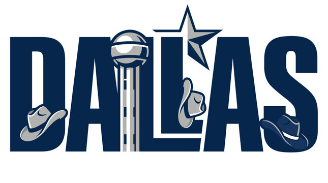 Dallas Texas city name with landmarks and cowboy hats vector illustration
