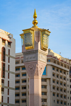 Ornate column hiding a giant umbrella on Haram Piazza in front of the Prophet's Mosque (Al-Masjid an-Nabawi) in Medina, Saudi Arabia