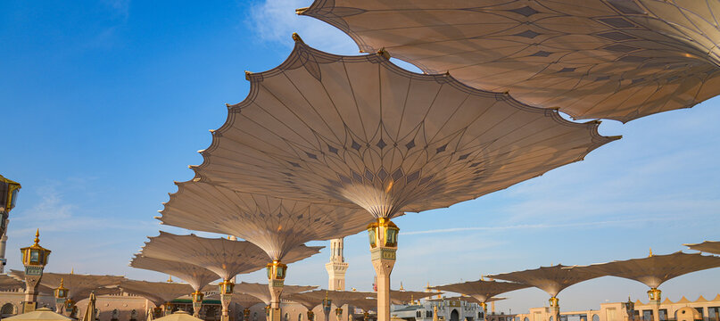 Giant retractable umbrellas at the Prophet's Mosque (Al-Masjid an-Nabawi) in Medina, Saudi Arabia