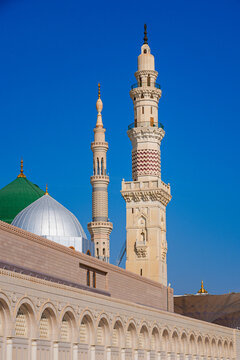 Minaret and silver sliding dome of the Prophet's Mosque (Al-Masjid an-Nabawi) in Medina, Saudi Arabia