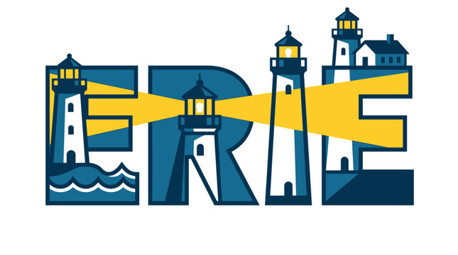 Erie city name with lighthouse landmarks vector illustration