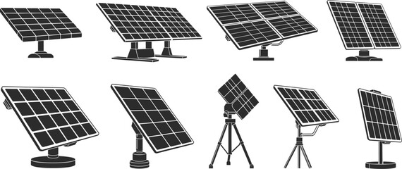Solar panel silhouettes collection, renewable energy photovoltaic modules on stands isolated vector illustration set for green technology © Aminul