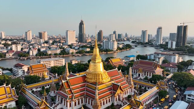 Bangkok's Majestic Temples and Modern Skyline: A Captivating Urban Panorama with river