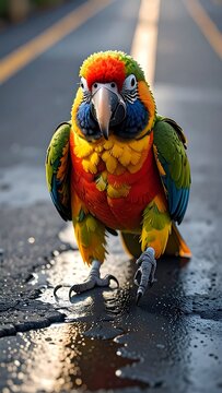 A vibrant parrot stands on a wet road