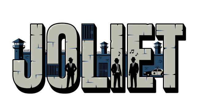 Joliet typography with blues brothers and prison scene vector illustration
