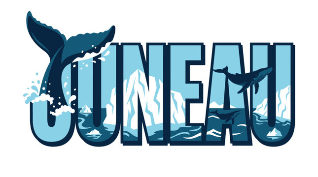 Juneau typography with whale and arctic landscape vector illustration