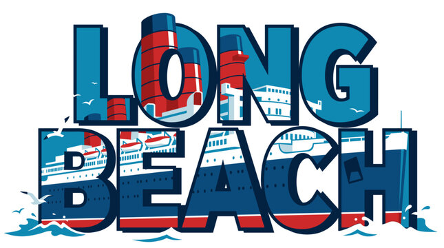 Long Beach California travel postcard with ship vector illustration