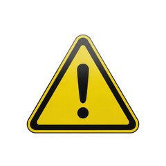 A prominent, isolated, photorealistic triangular warning sign with a vibrant yellow background, bold black exclamation mark, and thick border, against a transparent background with copy space, studio