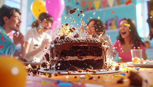 Blurry image of a chocolate cake being smashed with confetti and frosting flying everywhere at a birthday party with a group of happy people in the background.