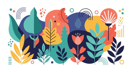 Fototapeta premium Colorful, abstract illustration with leaves and abstract shapes