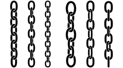 Metal chain link collection set of vertical steel shackles isolated on transparent backdrop