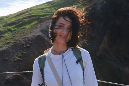 Portrait of girl  on madeira hike.
Happy girl in outdoor location.