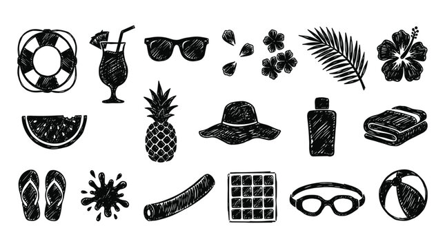 Summer vacation hand-drawn icon set including beach accessories and tropical fruits