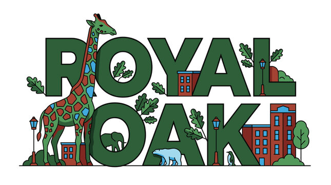 Royal Oak Michigan cityscape and zoo animals vector illustration