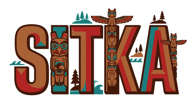 Sitka Alaska souvenir travel typography with totem poles vector illustration
