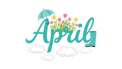 Obraz premium Spring April Greeting Card Design with Flowers Umbrella Rain Boots for Seasonal Marketing and Web Content
