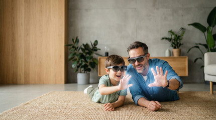 Obraz premium Father and young son wearing smart glasses and interacting with virtual elements while lying on the floor at home, enjoying immersive augmented reality, playful learning, and family bonding.