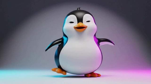 Cute cartoon penguin character dancing and walking with happy motion on stage 3d