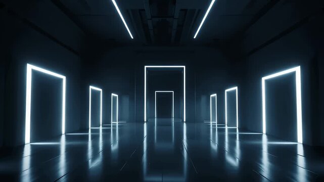 neon hallway futuristic blue frame lighting with reflective floor