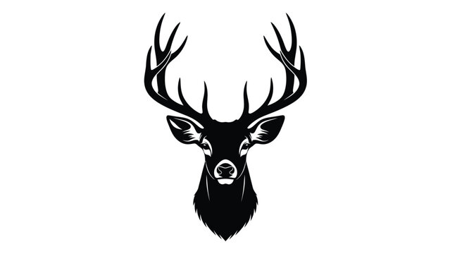A black and white image of a deer's head with antlers isolated on white background, Vector