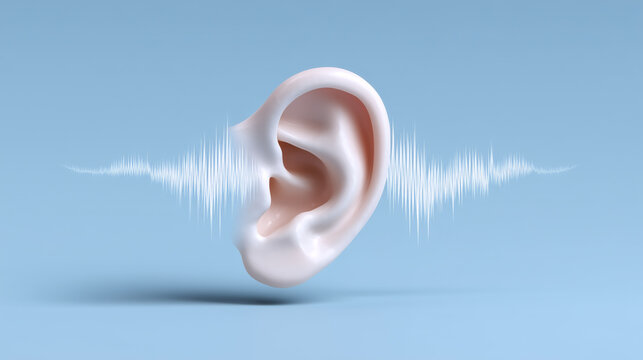 Realistic human ear with sound wave illustration against a soft blue background representing hearing and audio perception dynamics