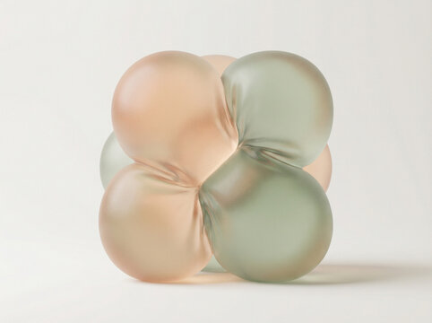 Abstract 3D composition of soft, squishy translucent glass shapes in pastel peach