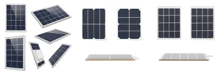 Set and collection of modern photovoltaic solar panels for renewable energy and sustainable power generation isolated on white transparent PNG background